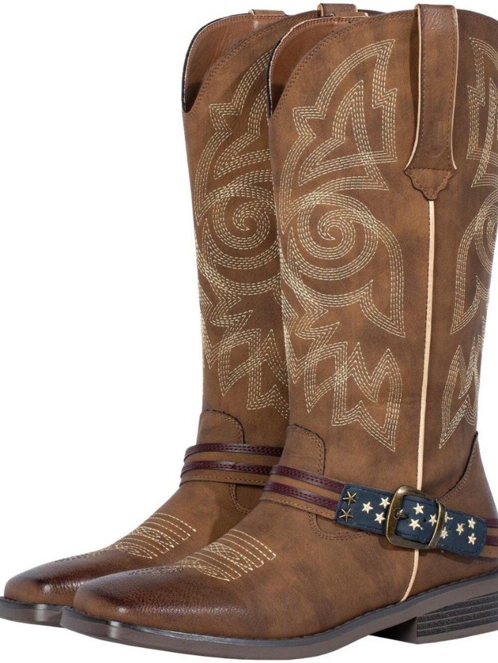 Women's Fashion Wide Square Toe Western Cowgirl Cowboy Boots Mid Calf Brown